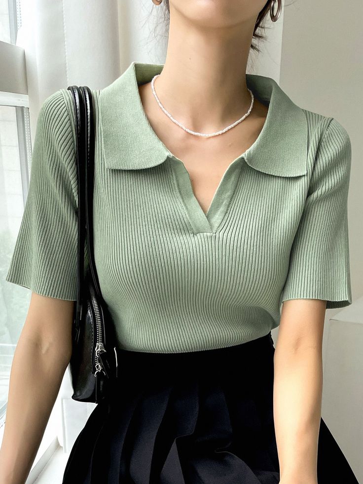 Down Collar Ribbed Knit Polo Tee – Light Green