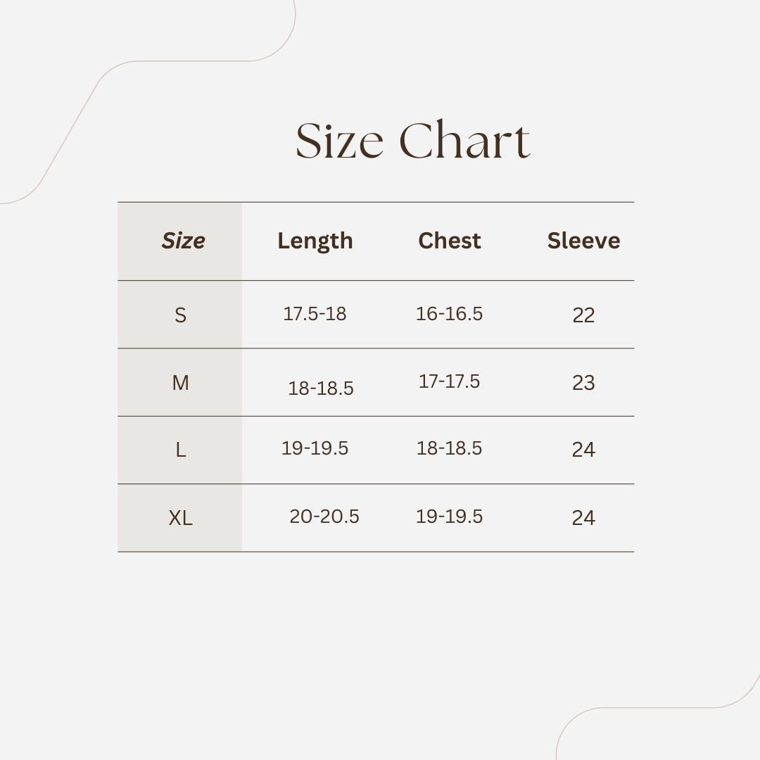 Size chart showing product measurements in inches