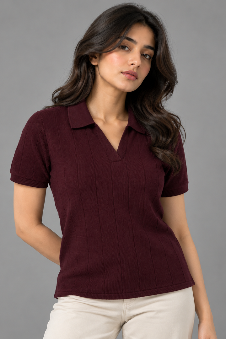 Drop-Needle Knit Polo Top-Burgundy