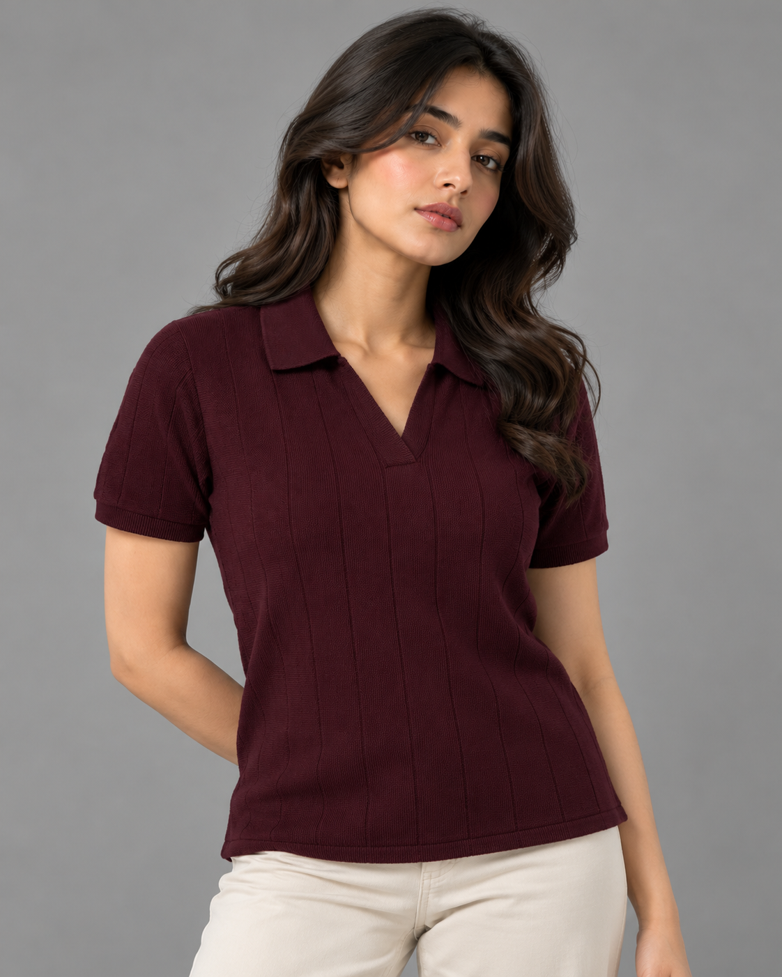 Drop-Needle Knit Polo Top-Burgundy