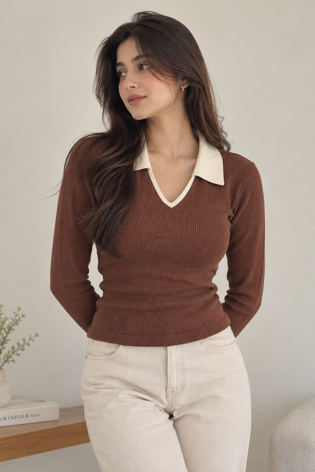 Casual V-Neck Collar Brown Top, Slim Fit
