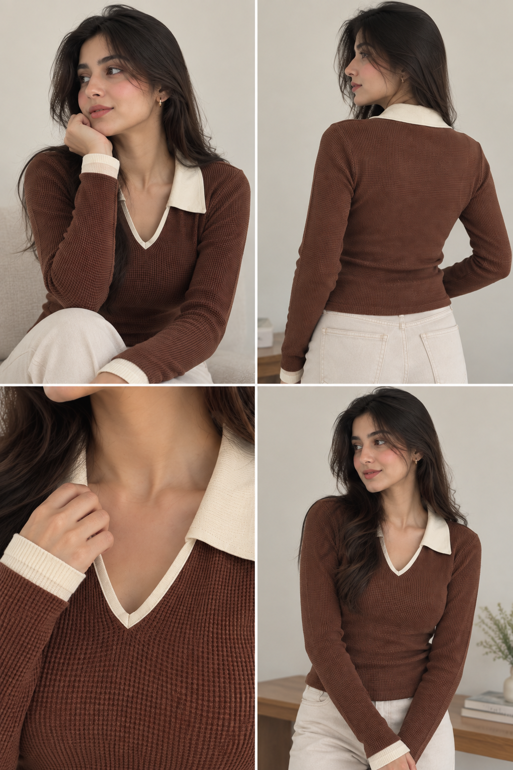 Casual V-Neck Collar Brown Top, Slim Fit