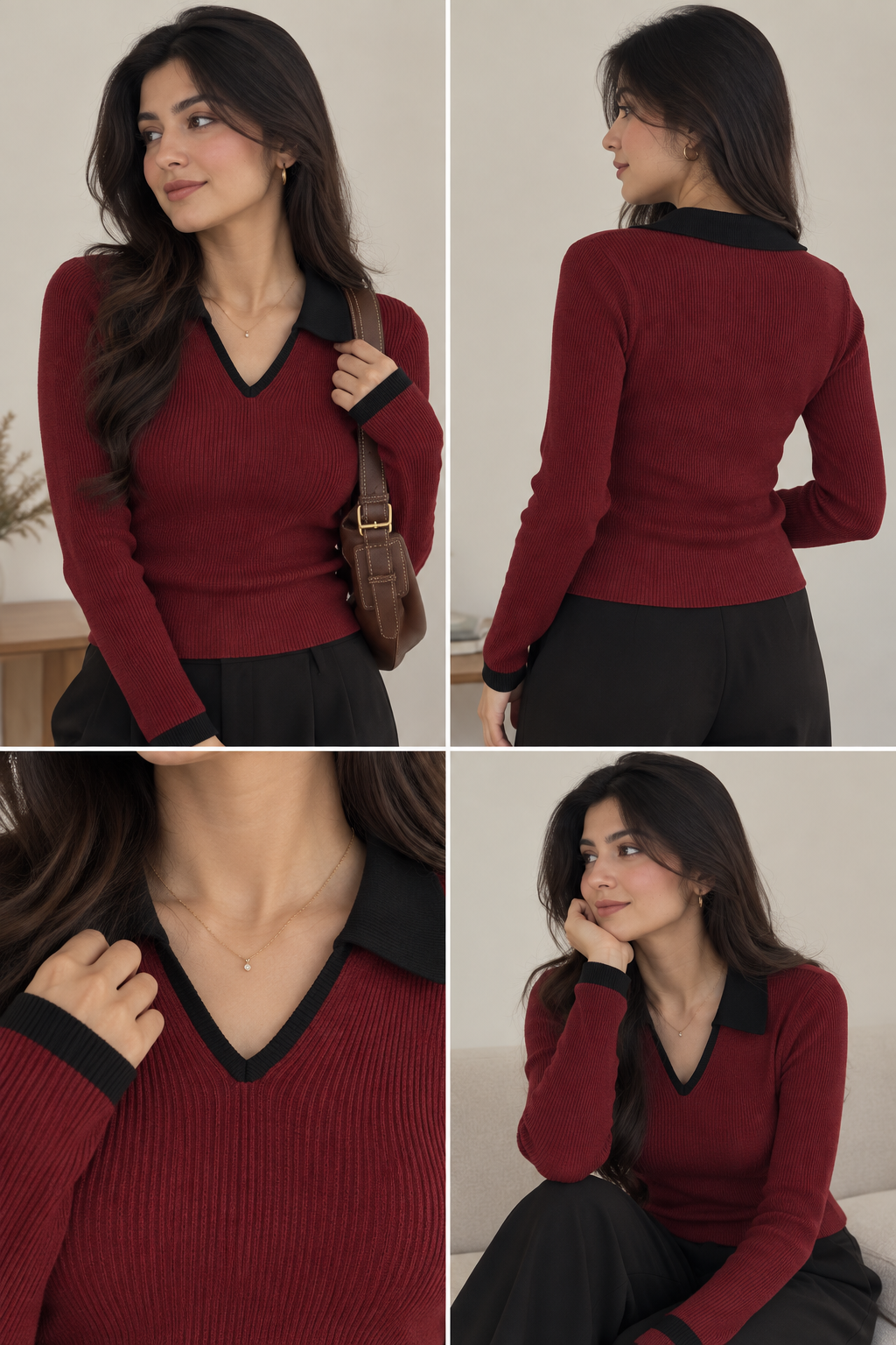 Casual V-Neck Collar Maroon Top, Slim Fit