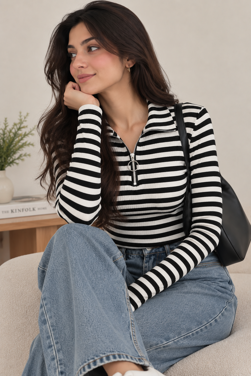 STRIPPED MOCKED NECK ZIPPER POLO | FULL SLEEVES