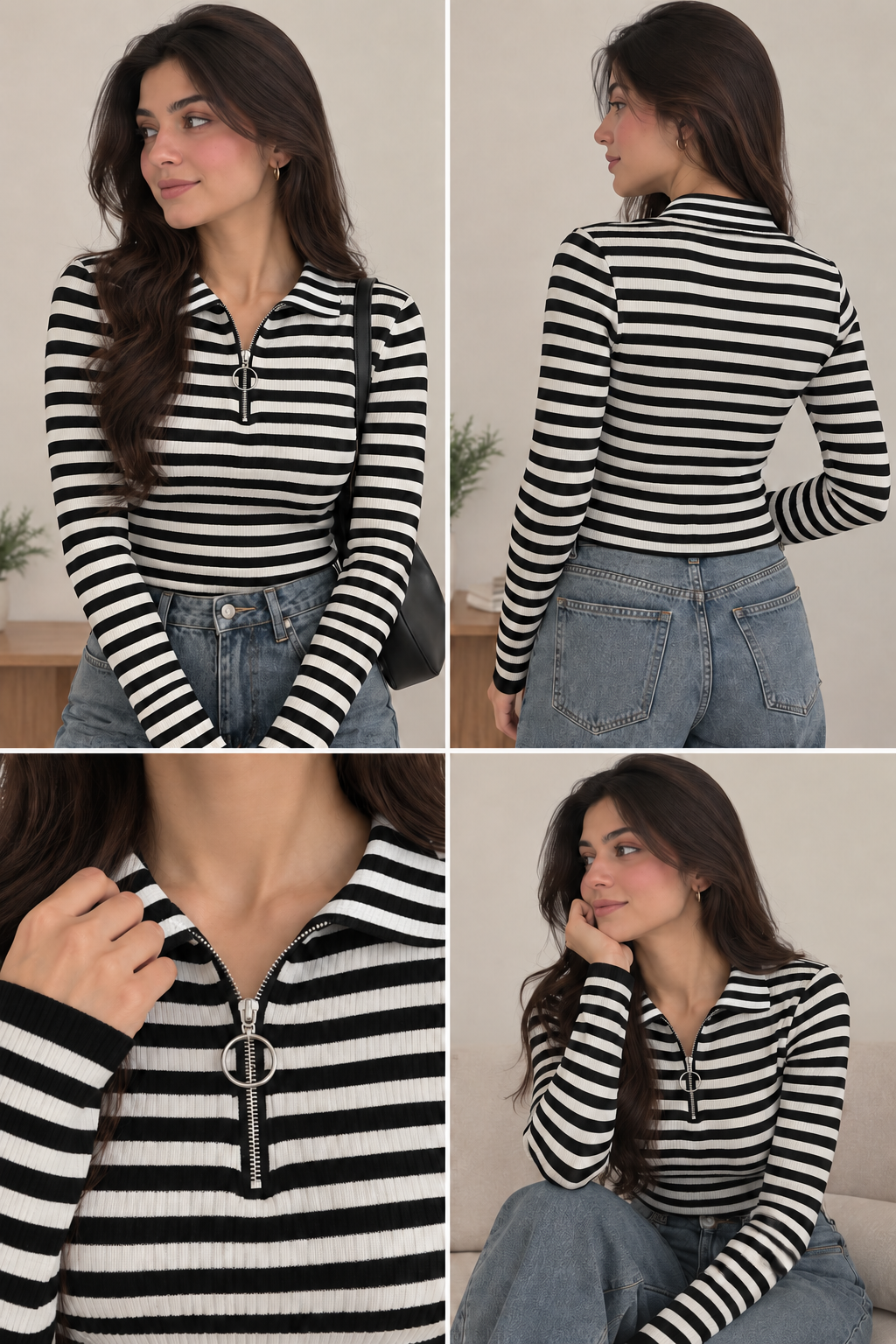 STRIPPED MOCKED NECK ZIPPER POLO | FULL SLEEVES