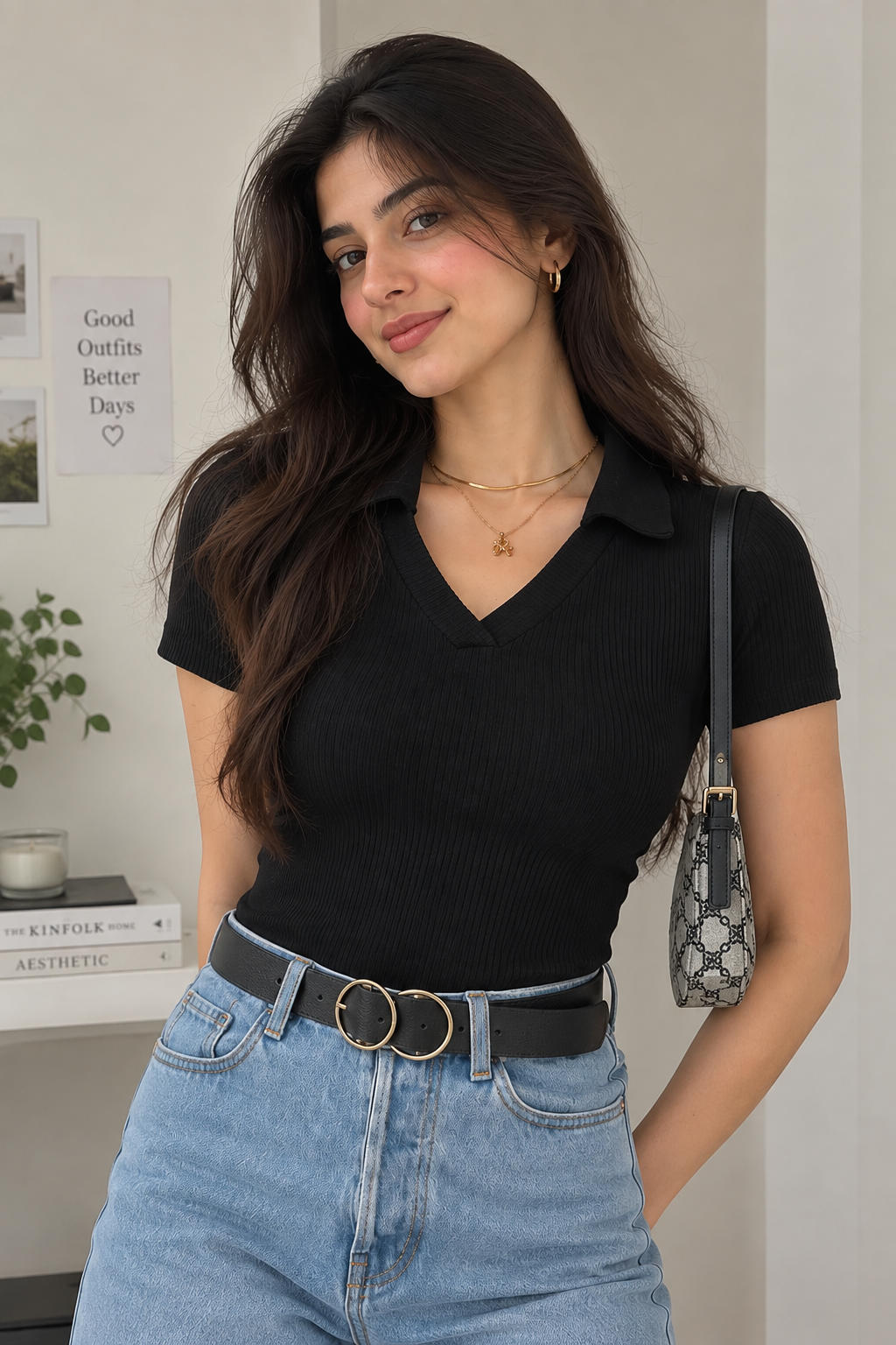 Ribbed Knit- Black Polo Top