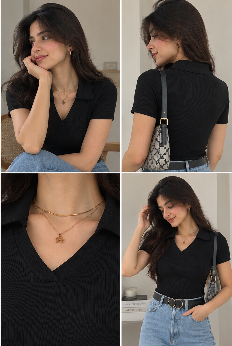Ribbed Knit- Black Polo Top