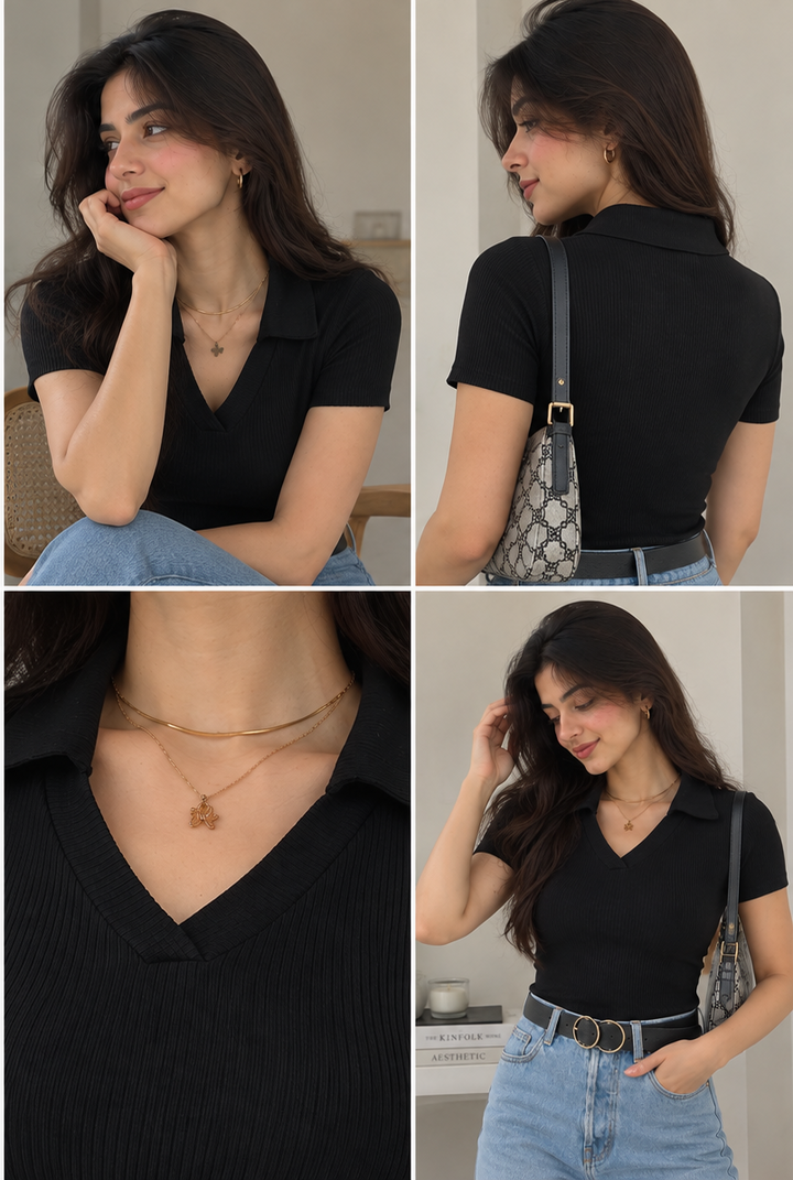 Ribbed Knit- Black Polo Top