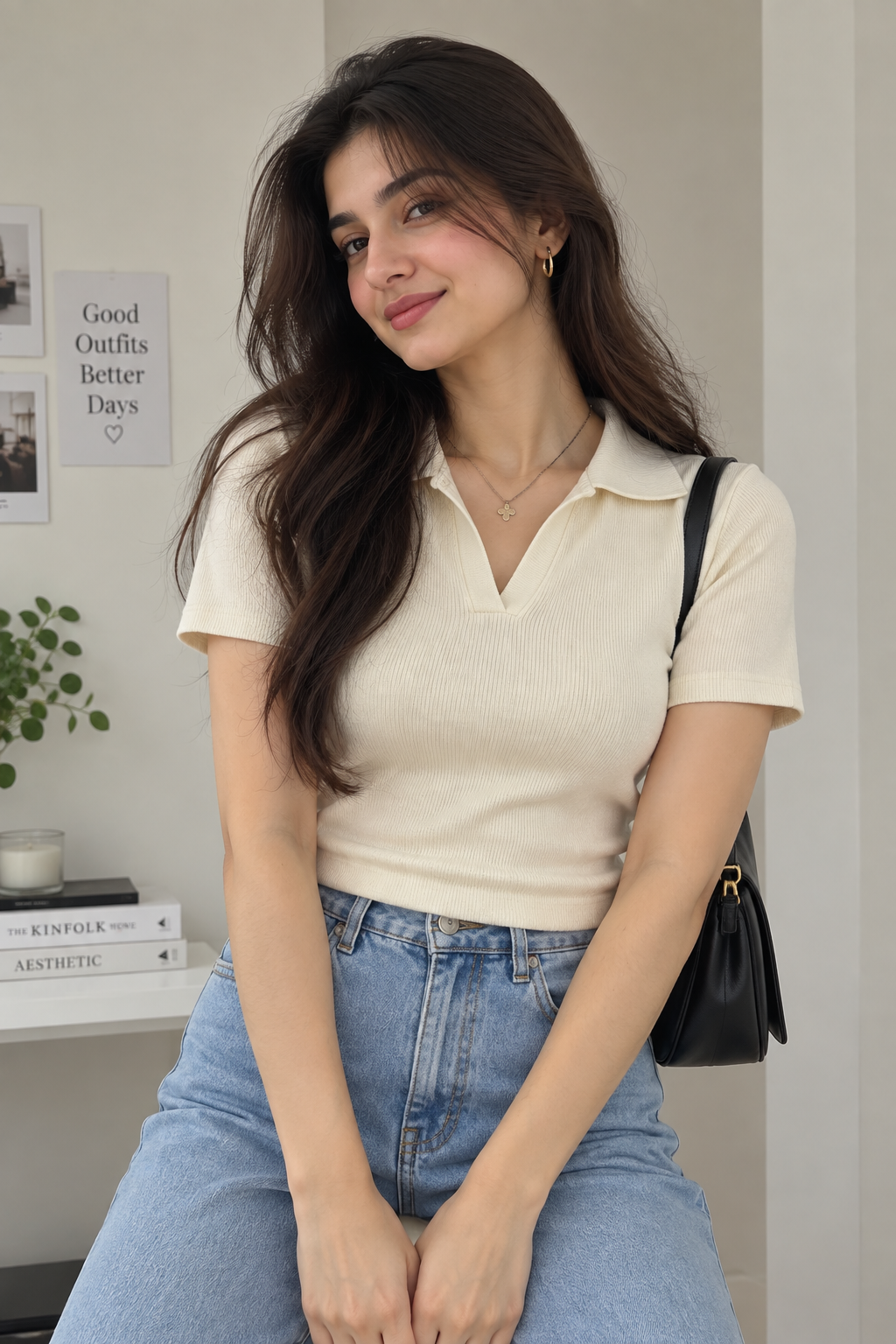 Ribbed Knit- Skin color Polo Top