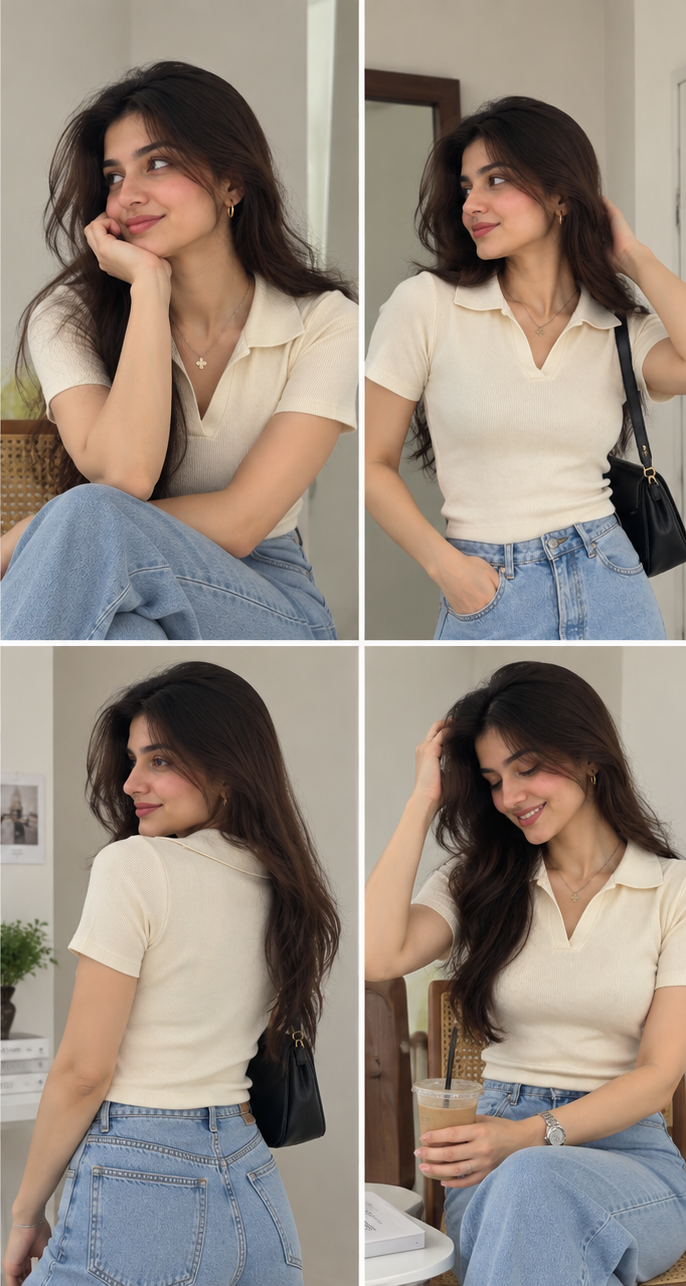 Ribbed Knit- Skin color Polo Top