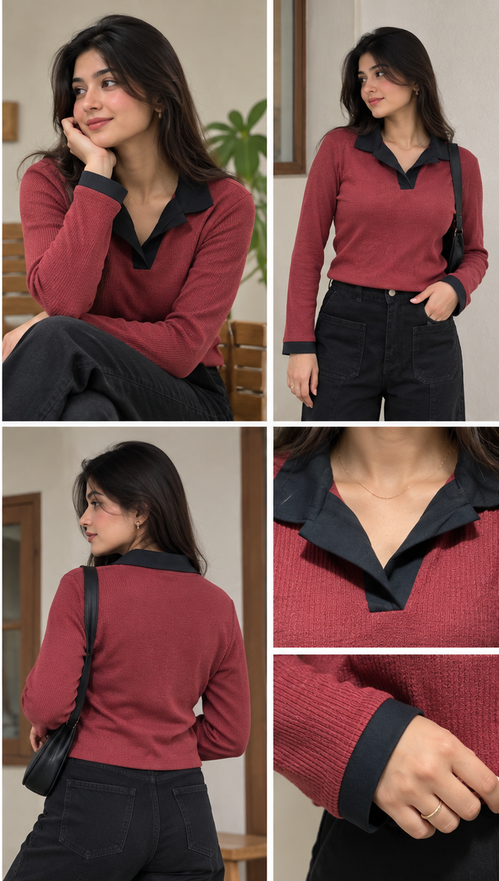 Casual Top- Maroon Polo, Slim Fit -Full sleeves