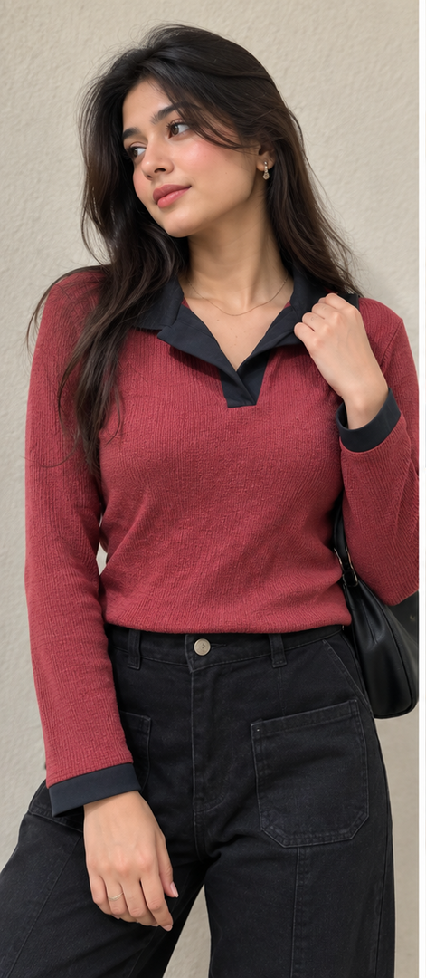 Casual Top- Maroon Polo, Slim Fit -Full sleeves