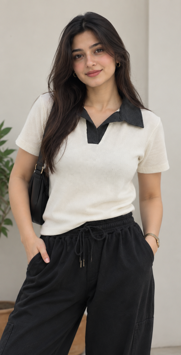 Casual Top- Beige Polo, Slim Fit -Half sleeves