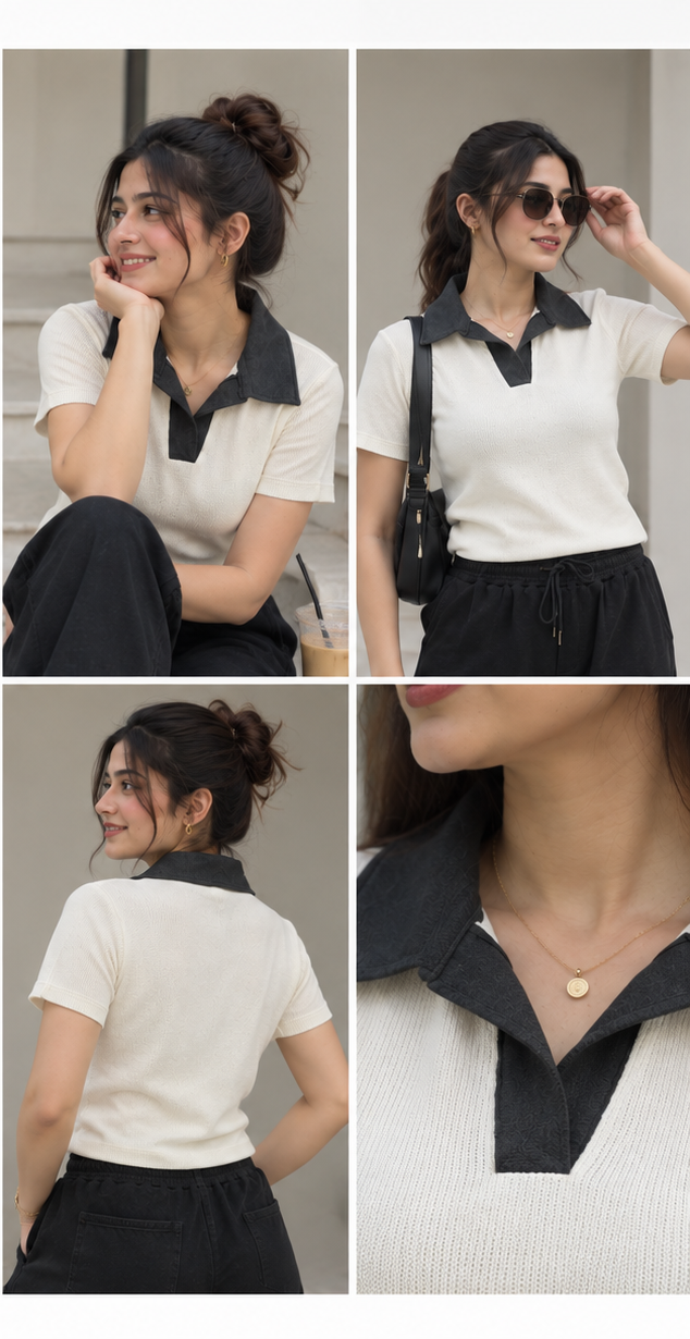 Casual Top- Beige Polo, Slim Fit -Half sleeves