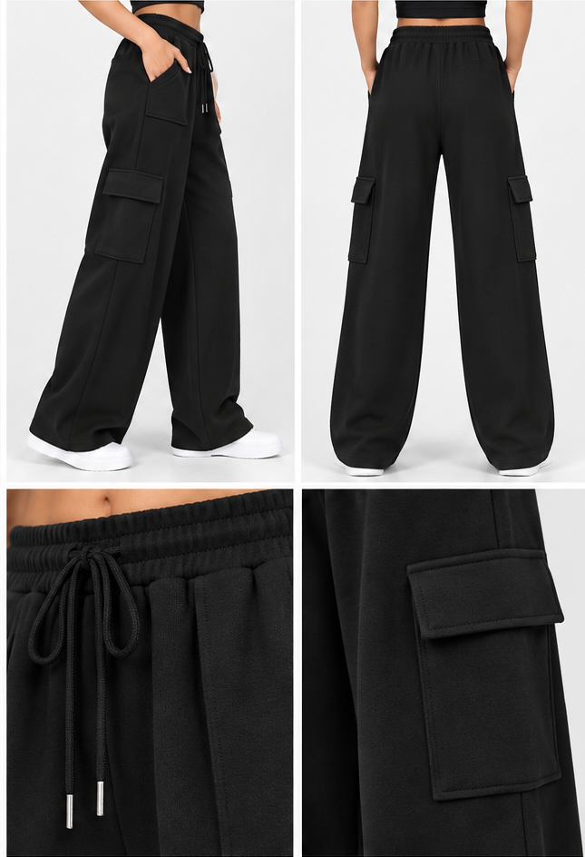 High Waisted Wide Leg Athletic Trouser | Front Pocket Cargo | Black