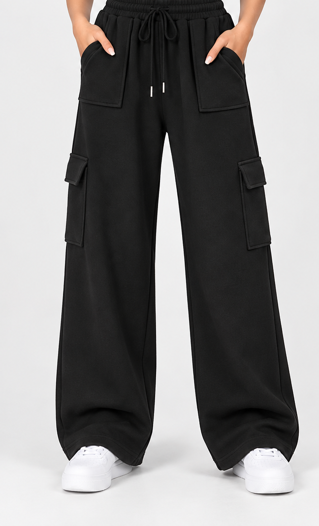 High Waisted Wide Leg Athletic Trouser | Front Pocket Cargo | Black