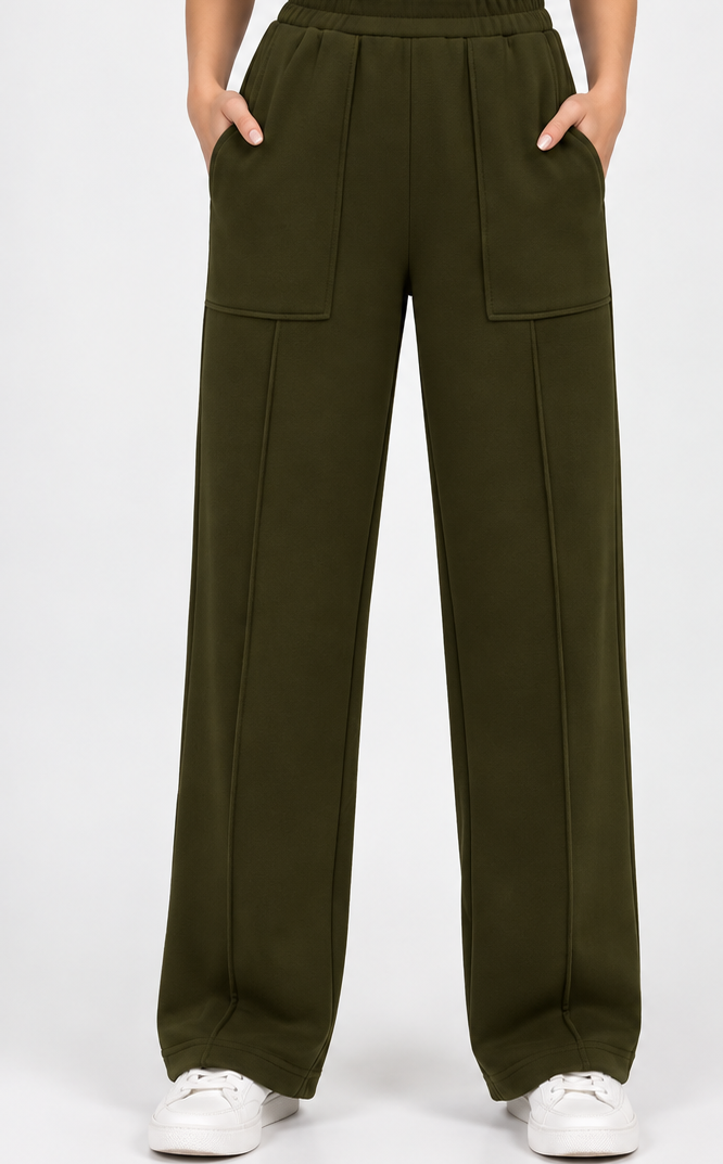 High Waisted Wide Leg Athletic Trouser | Upper Front Pocket Cargo | Khaki Green