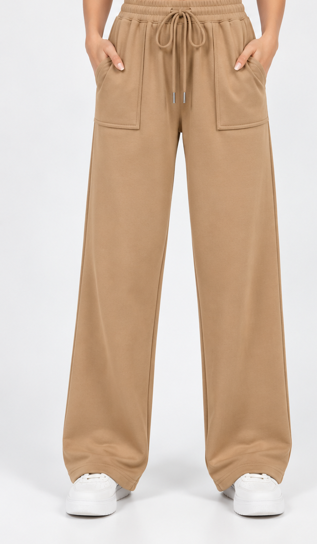 High Waisted Wide Leg Athletic Trouser | Upper Front Pocket Cargo | Camel