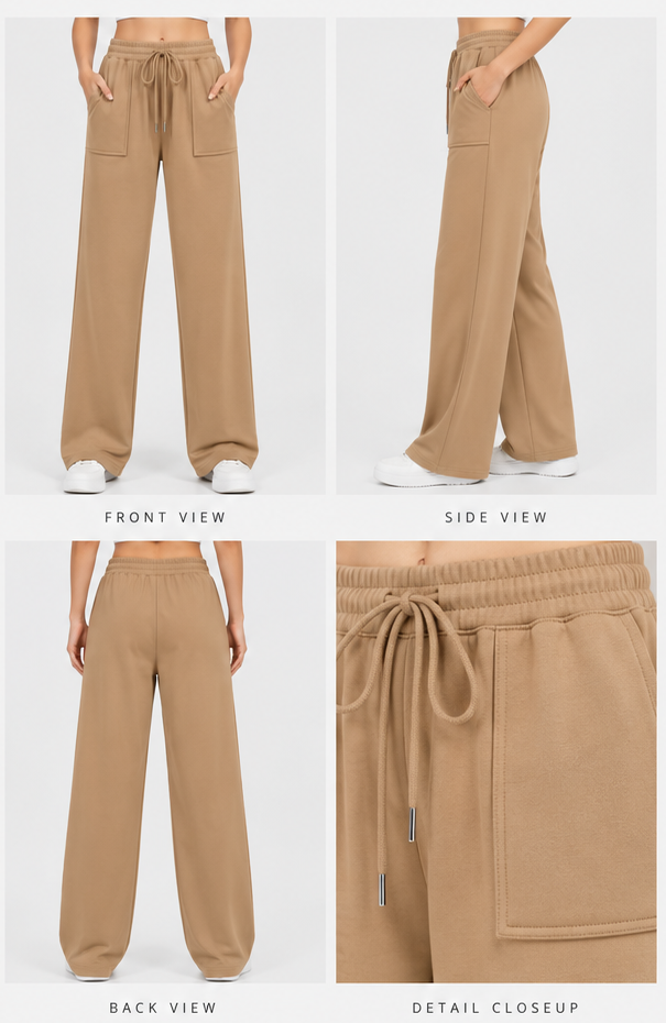 High Waisted Wide Leg Athletic Trouser | Upper Front Pocket Cargo | Camel