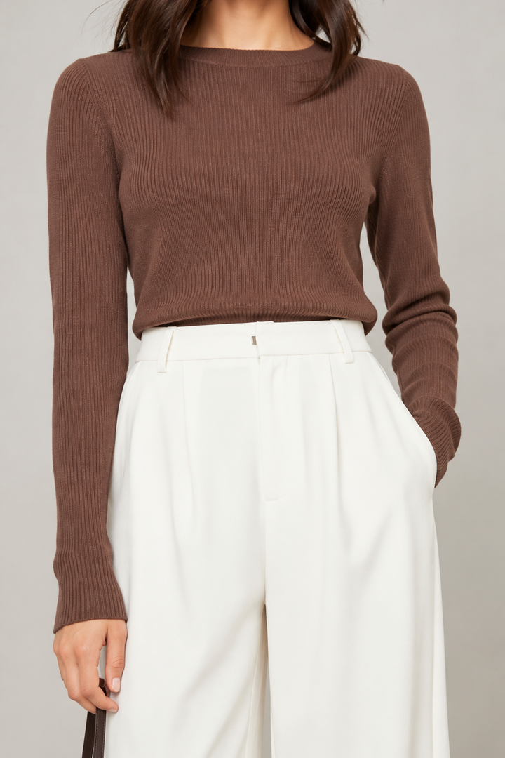 Simple Boat Neck Casual Long Sleeve shirt– Brown