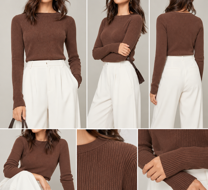 Simple Boat Neck Casual Long Sleeve shirt– Brown