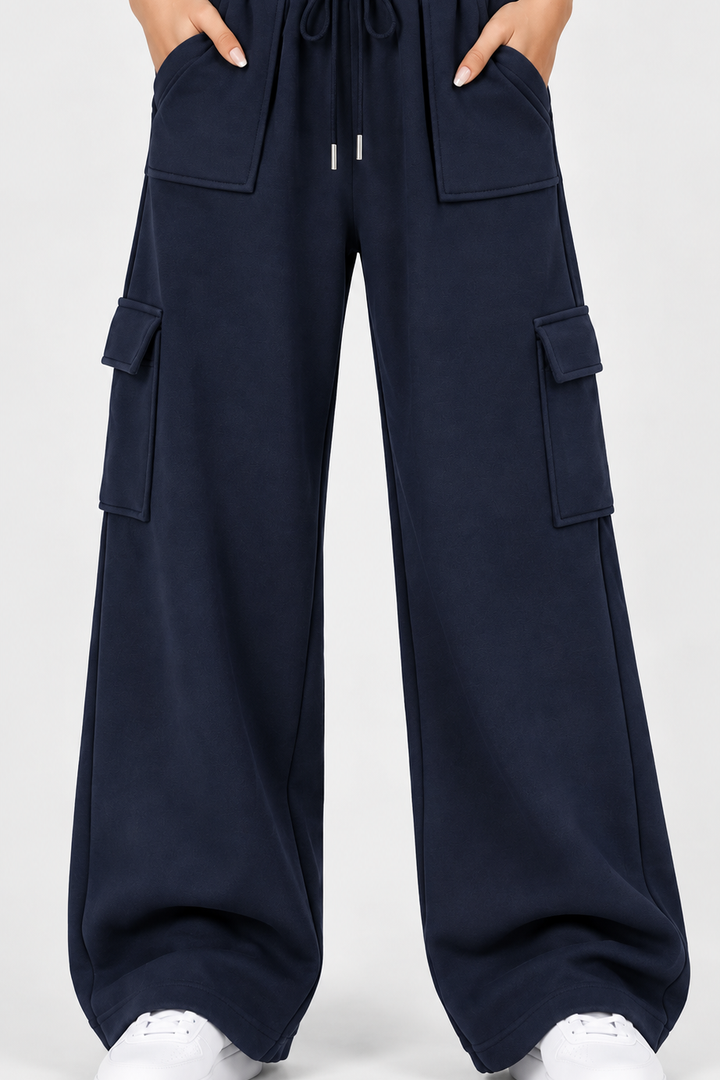 High Waisted Wide Leg Athletic Trouser | Front Pocket Cargo | Navy Blue