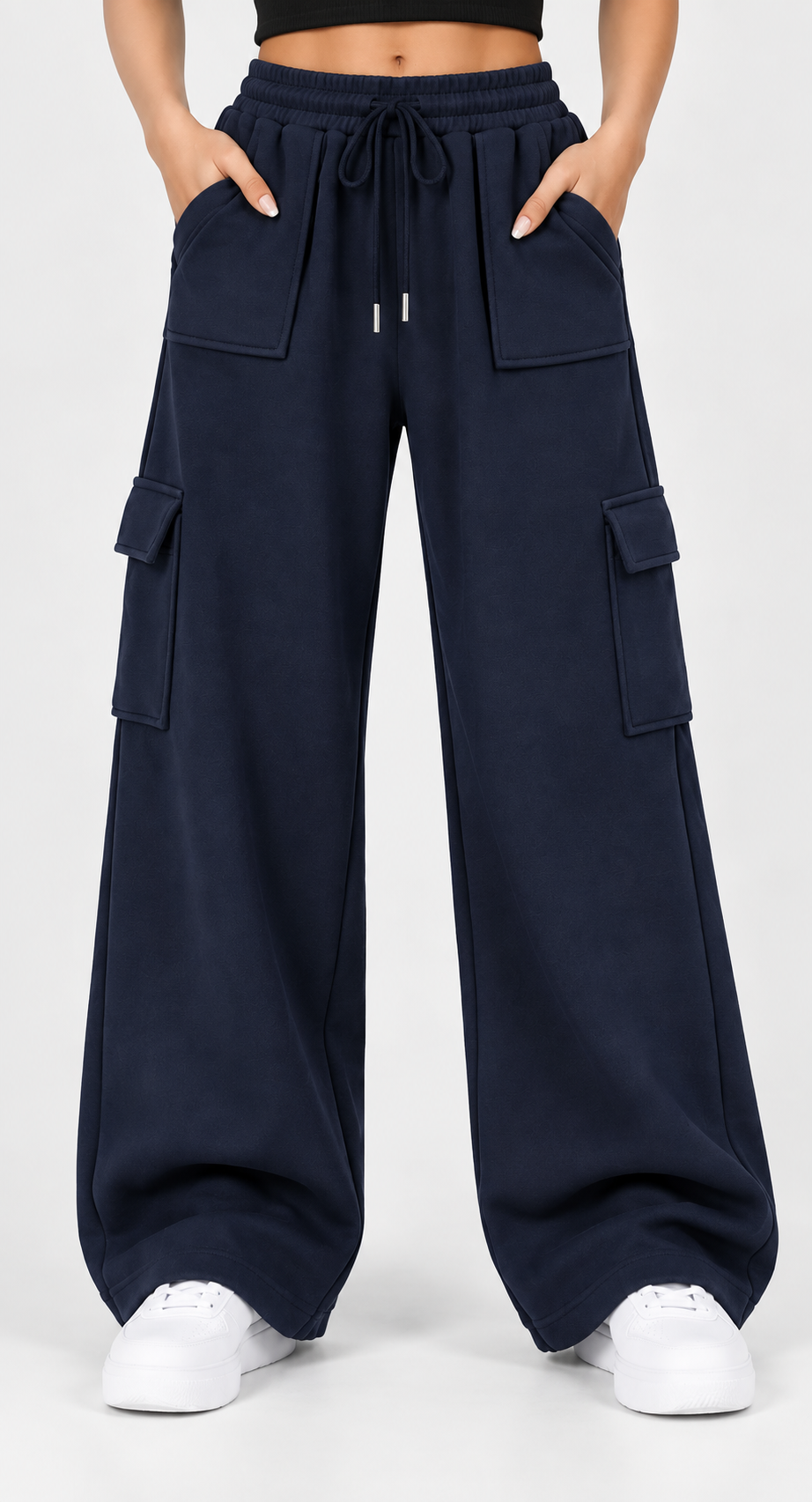 High Waisted Wide Leg Athletic Trouser | Front Pocket Cargo | Navy Blue
