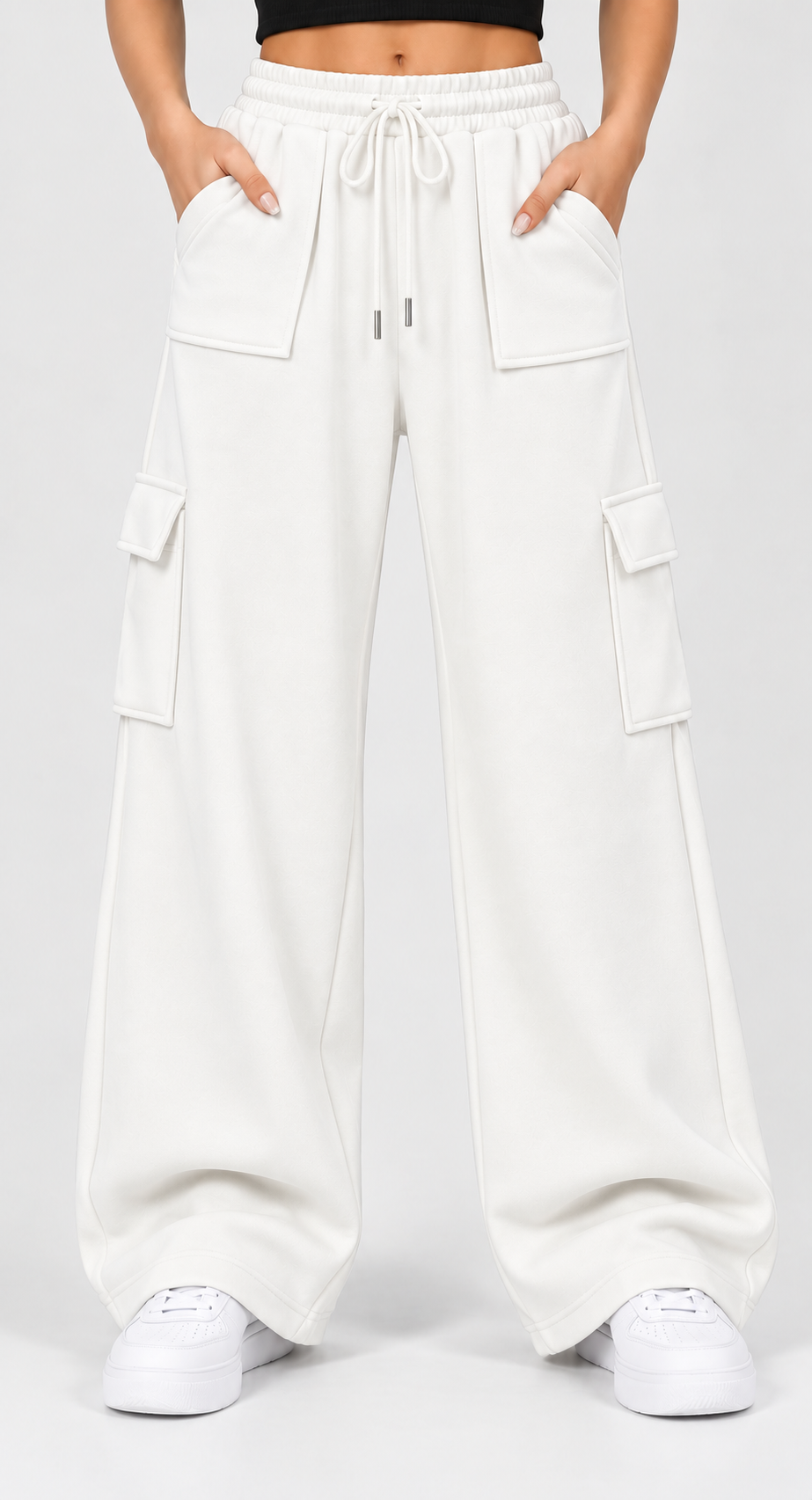 High Waisted Wide Leg Athletic Trouser | Front Pocket Cargo | White