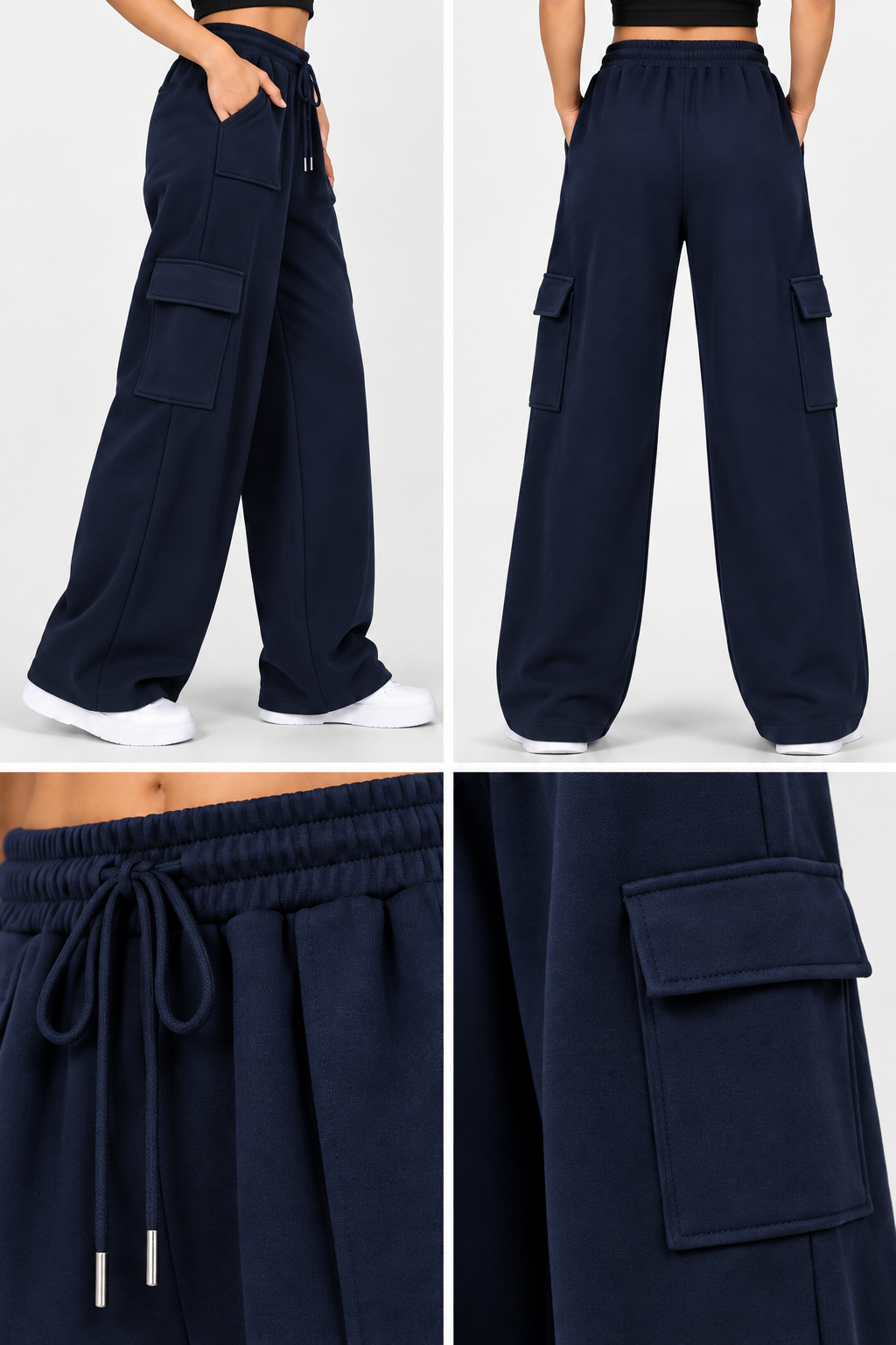 High Waisted Wide Leg Athletic Trouser | Front Pocket Cargo | Navy Blue