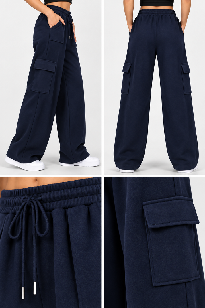 High Waisted Wide Leg Athletic Trouser | Front Pocket Cargo | Navy Blue