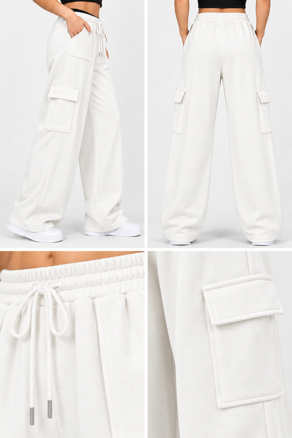 High Waisted Wide Leg Athletic Trouser | Front Pocket Cargo | White