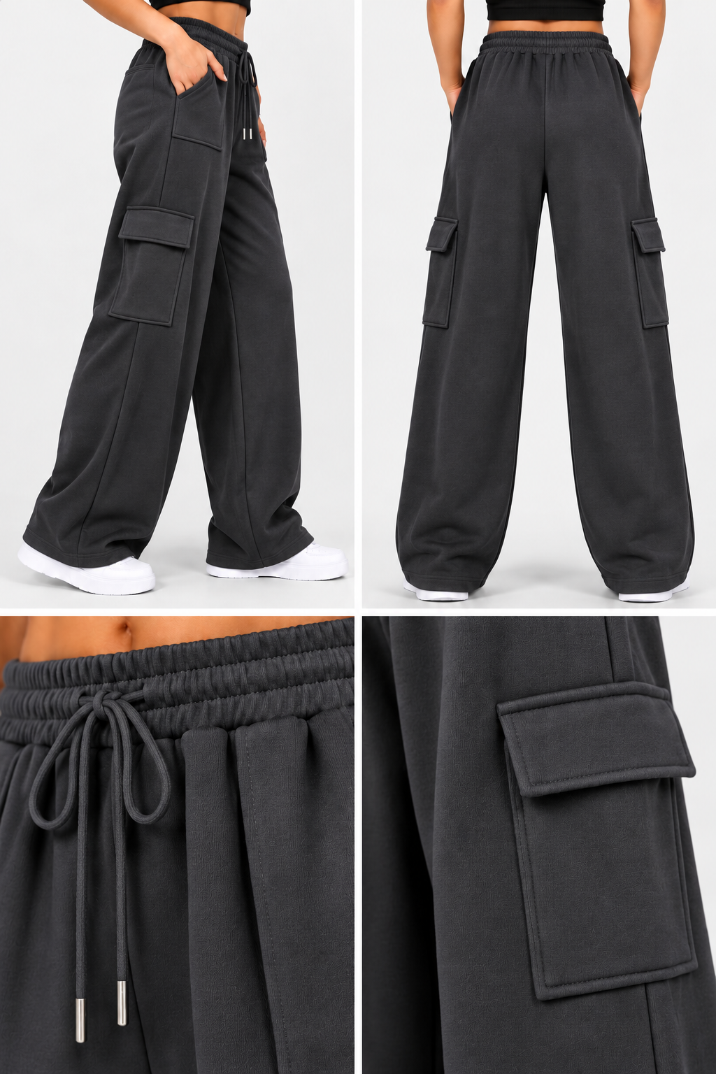 High Waisted Wide Leg Athletic Trouser | Front Pocket Cargo | Charcoal