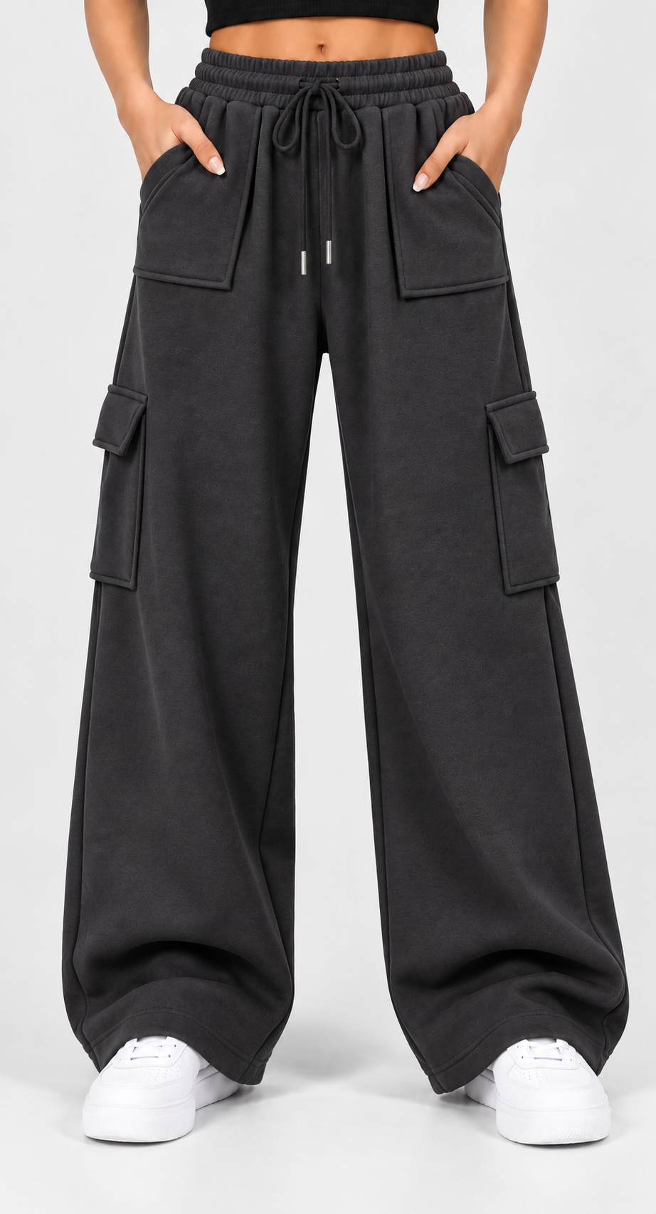 High Waisted Wide Leg Athletic Trouser | Front Pocket Cargo | Charcoal