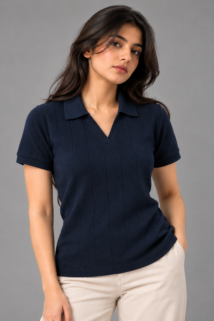 Drop-Needle Knit Polo Top-Dark Navy Blue