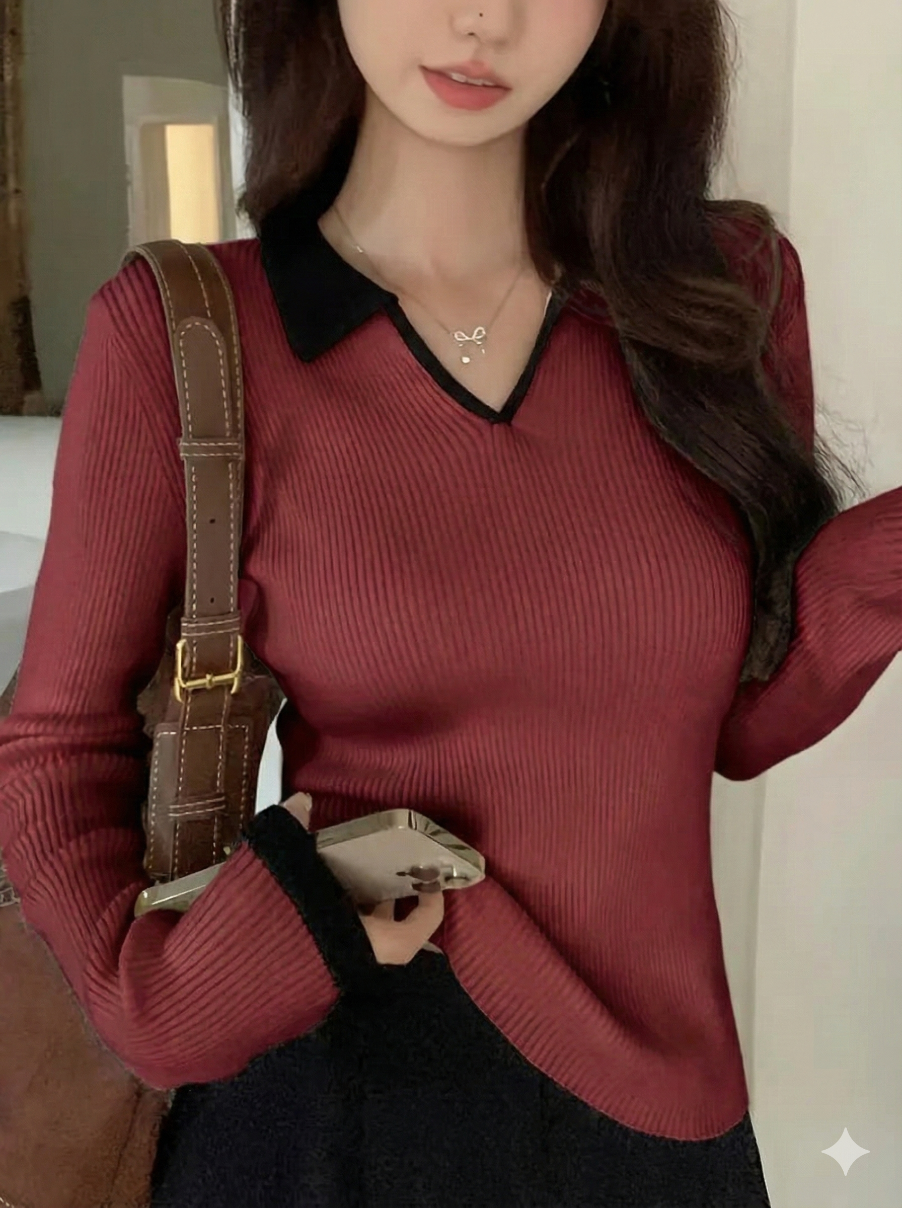 Casual V-Neck Collar Beige Knit Top, Slim Fit (Maroon)