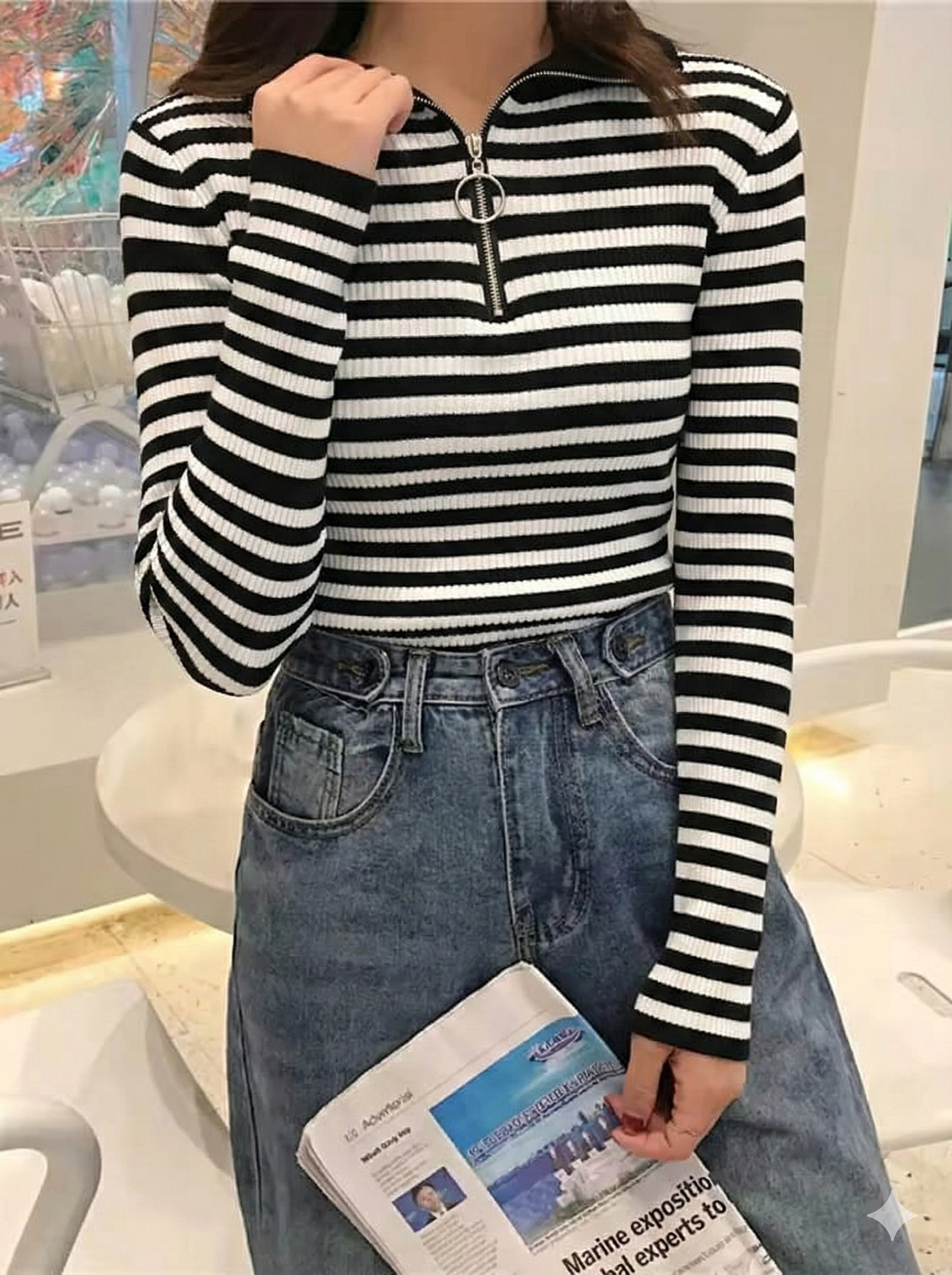 STRIPPED MOCKED NECK ZIPPER POLO | FULL SLEEVES