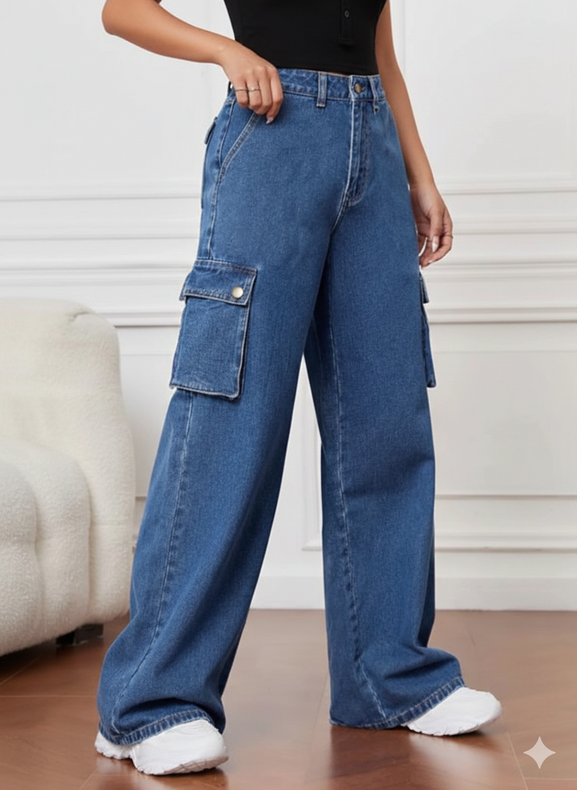 MID BLUE WIDELEG CARGO DENIM