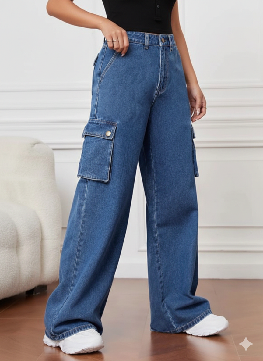 MID BLUE WIDELEG CARGO DENIM