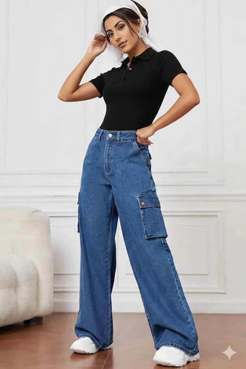 MID BLUE WIDELEG CARGO DENIM