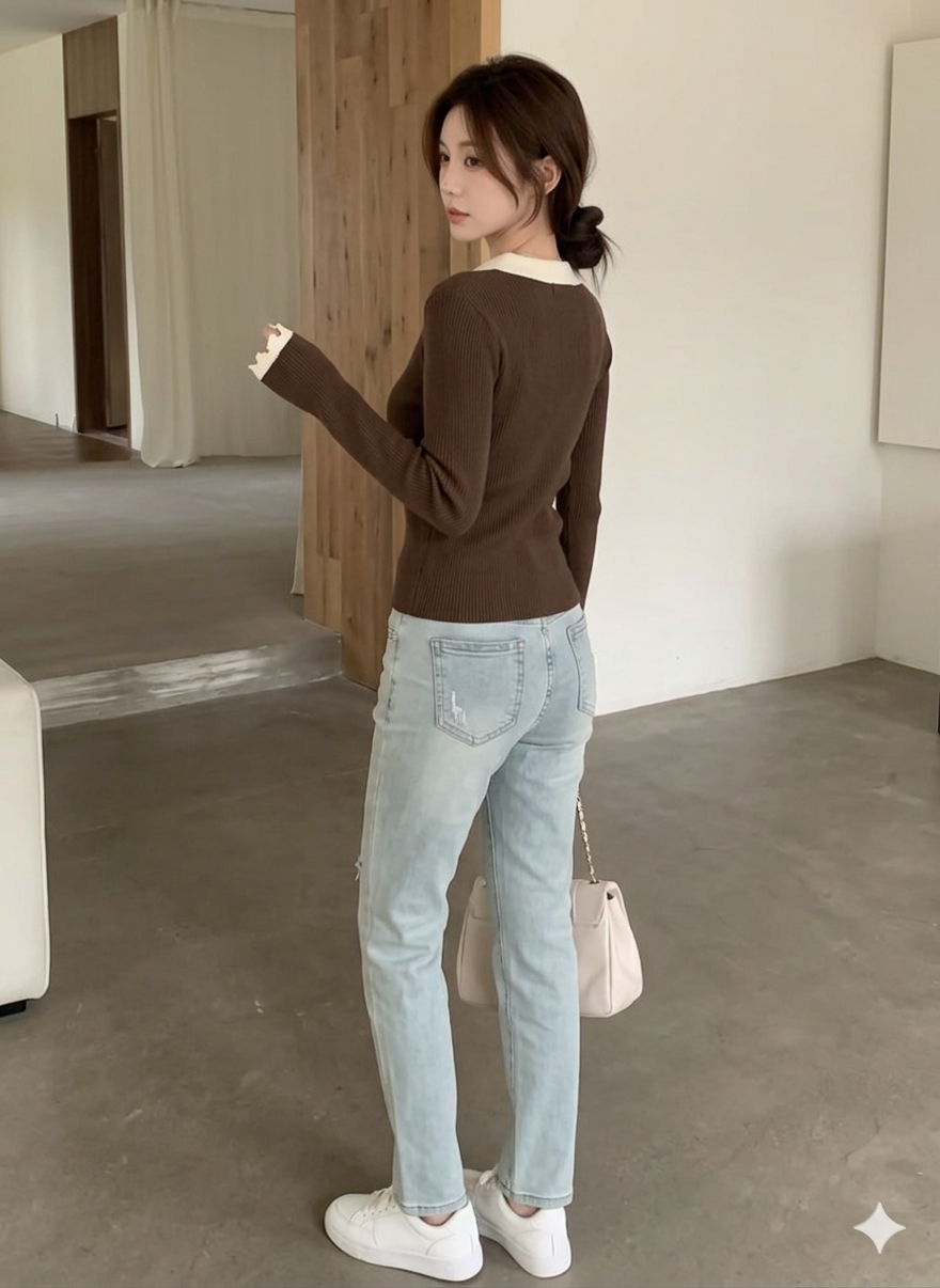 Casual V-Neck Collar Block Knit Top, Slim Fit (Brown)