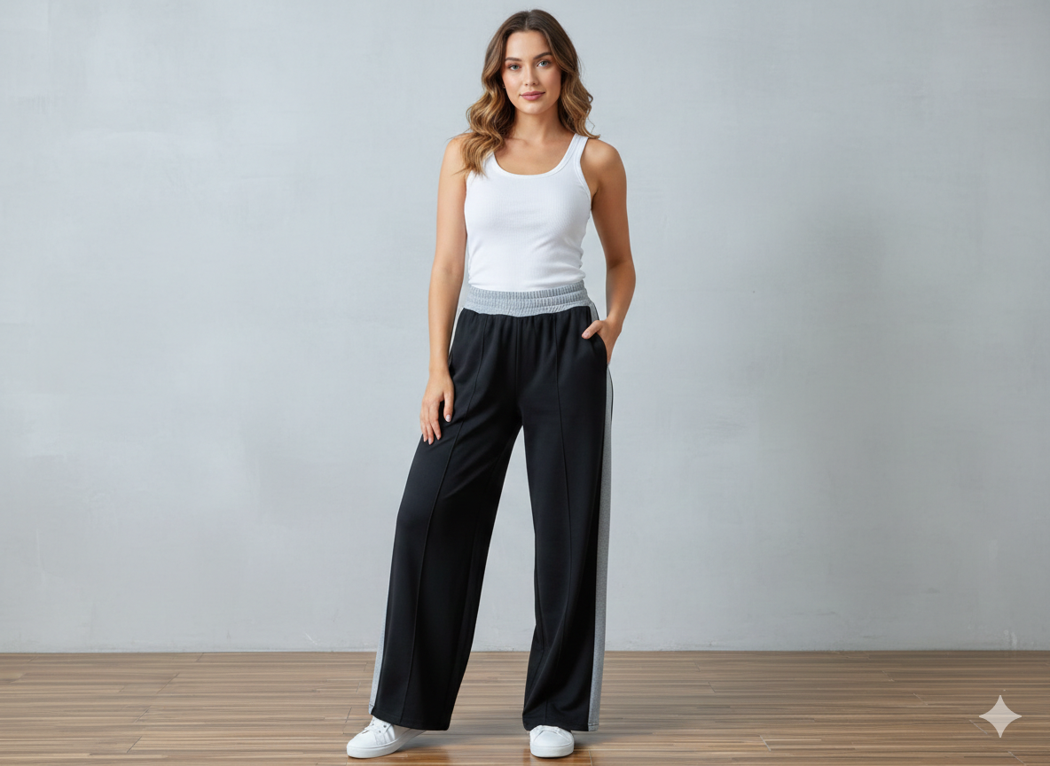 HIGH WAISTED WIDELEG SIDE PANNEL TROUSER FOR WOMEN - BLACK