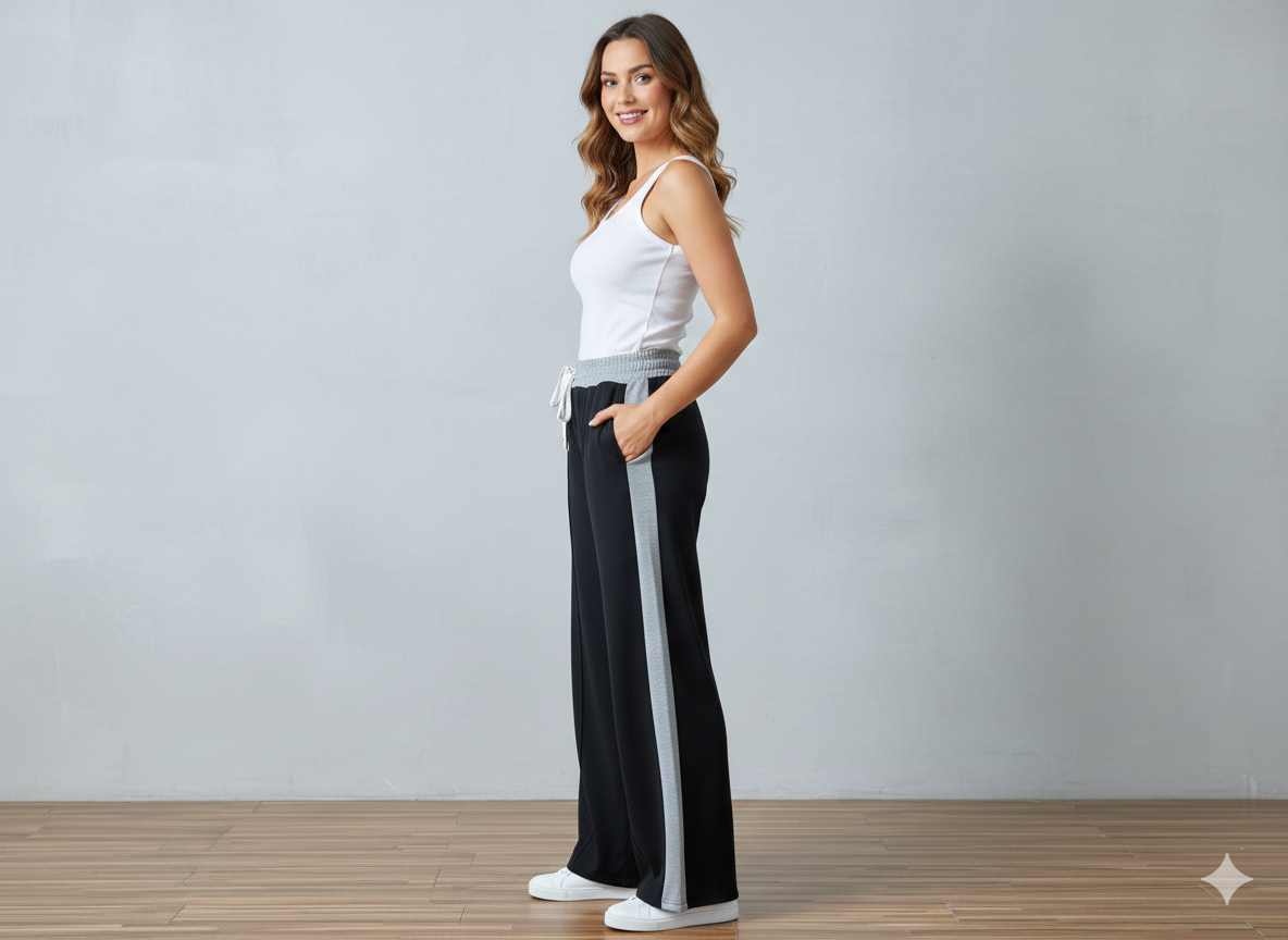 HIGH WAISTED WIDELEG SIDE PANNEL TROUSER FOR WOMEN - BLACK