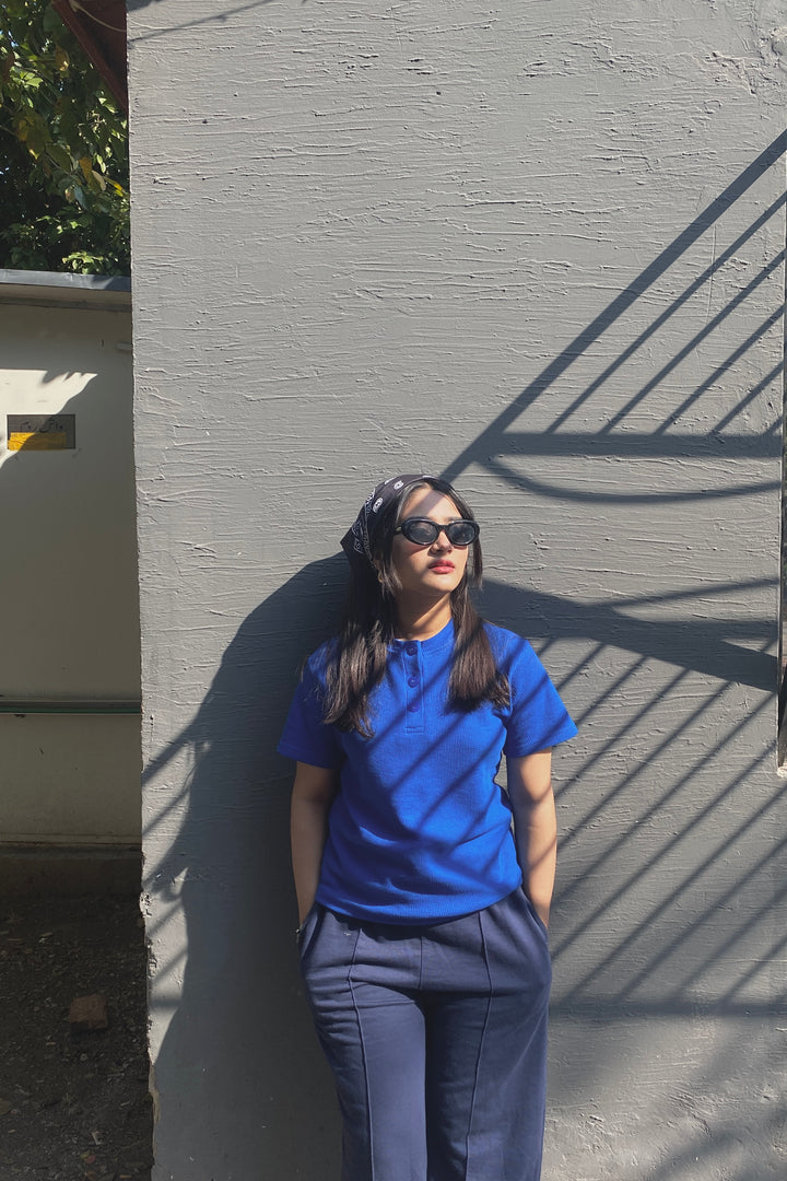 CW Button Front Rib Knit Tee – Royal Blue – (Half Sleeves)