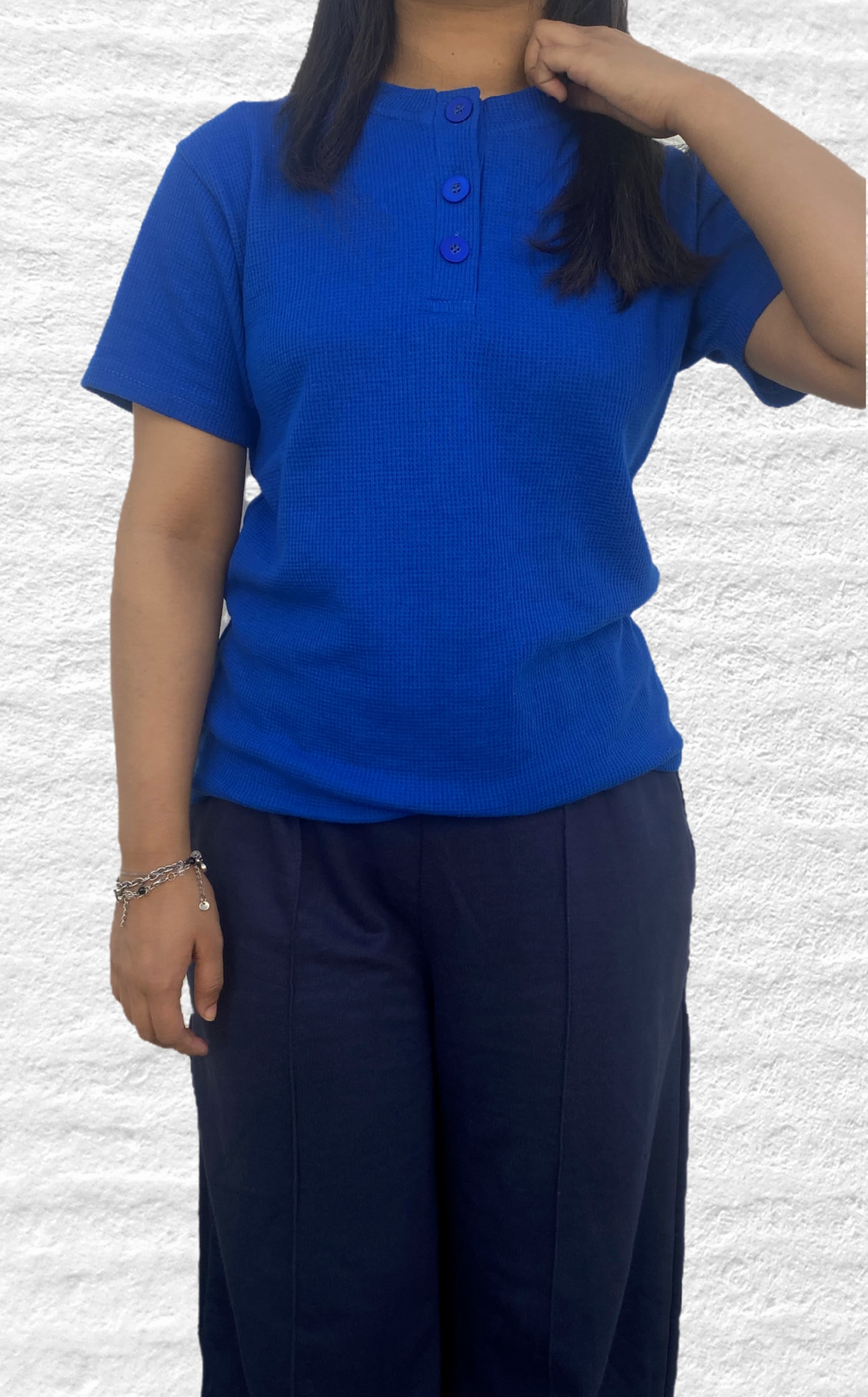 CW Button Front Rib Knit Tee – Royal Blue – (Half Sleeves)