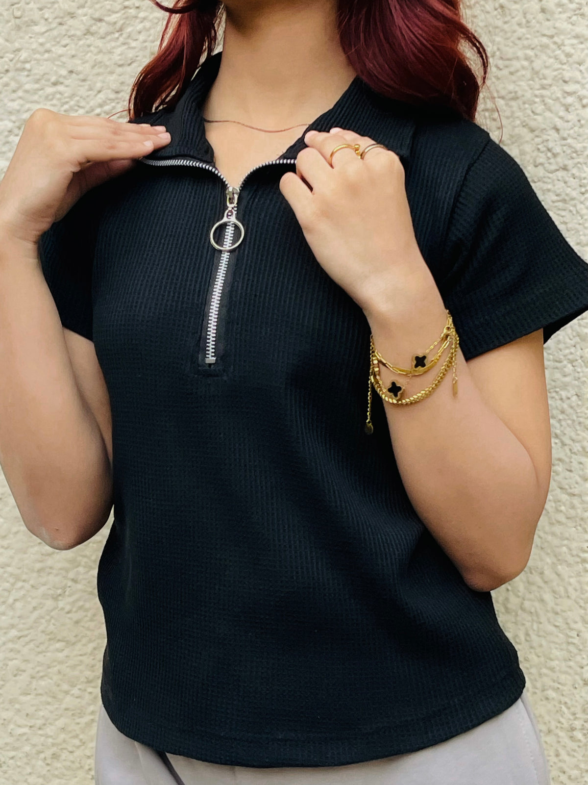 Mocked Neck black Zipper polo | Half Sleeves