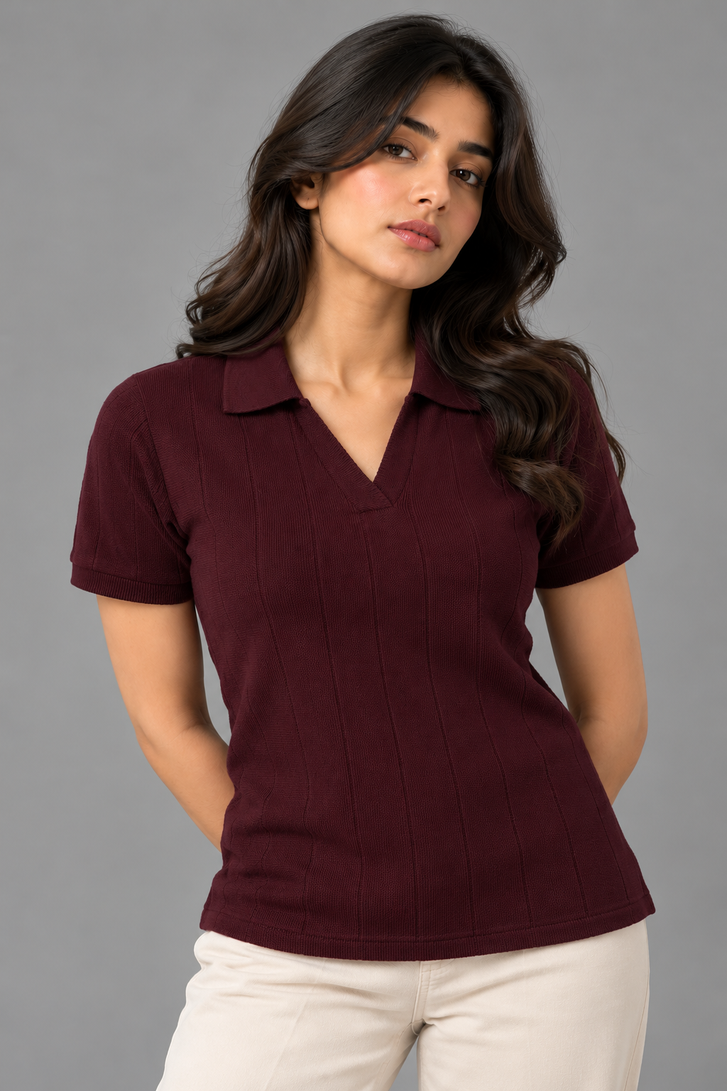 Drop-Needle Knit Polo Top-Burgundy
