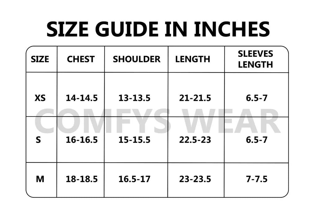 Size chart showing product measurements in inches