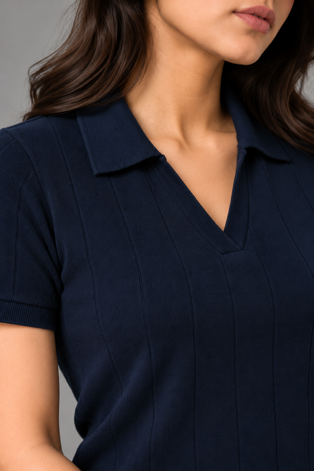 Drop-Needle Knit Polo Top-Dark Navy Blue