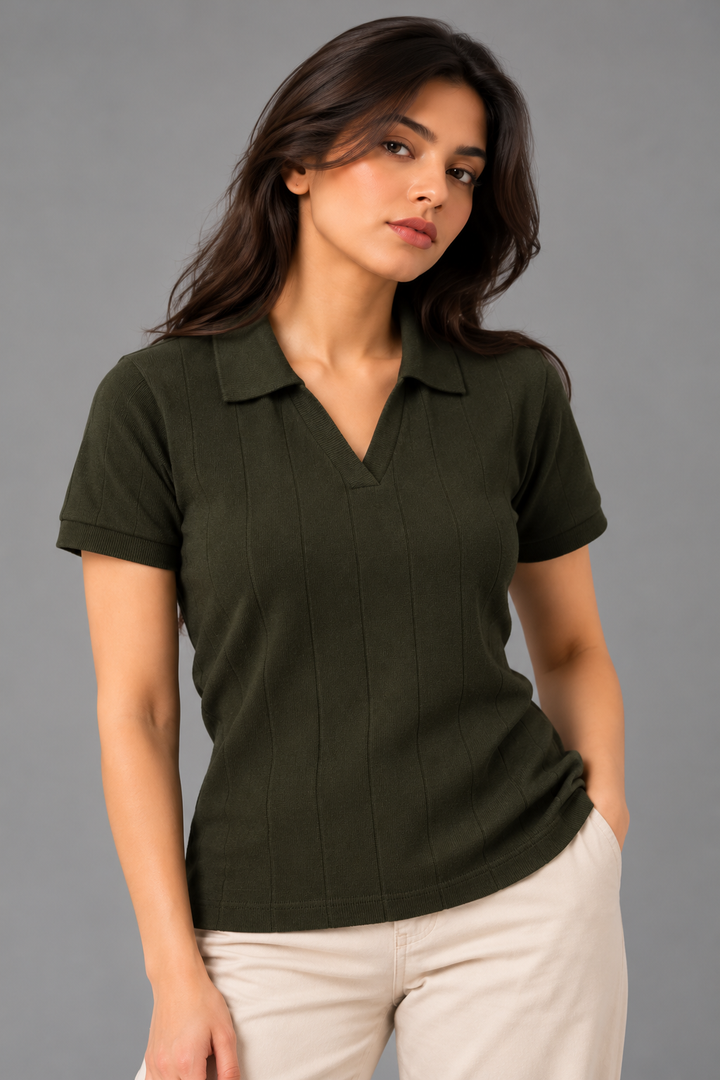 Drop-Needle Knit Polo Top-Olive Green