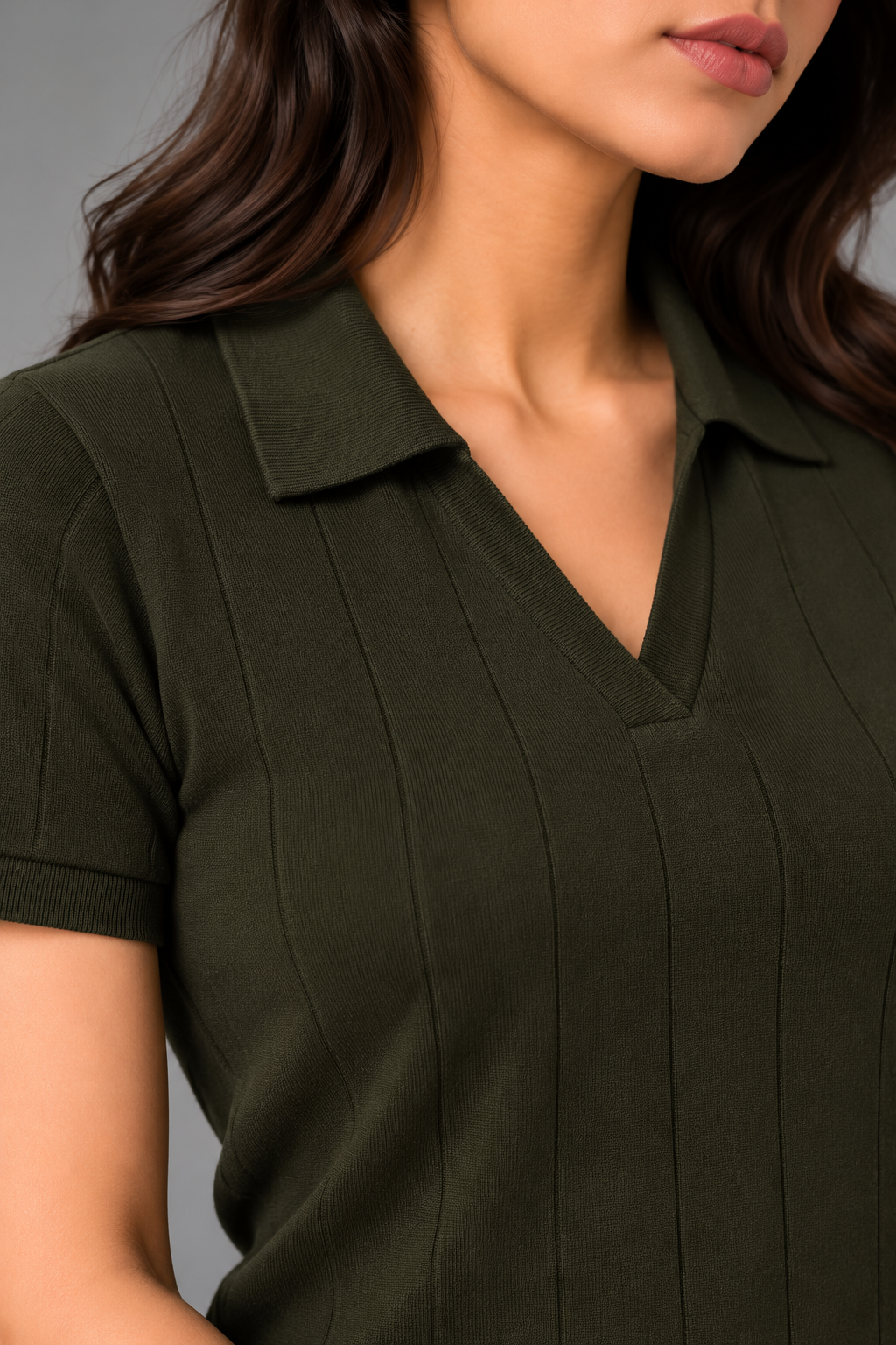 Drop-Needle Knit Polo Top-Olive Green